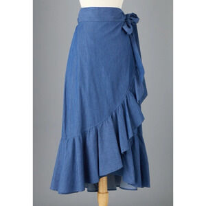 J. Peterman Blue Wrap Midi Skirt with Ruffle